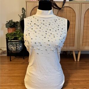 Express Cream Pearl-Studded Sleeveless Blouse